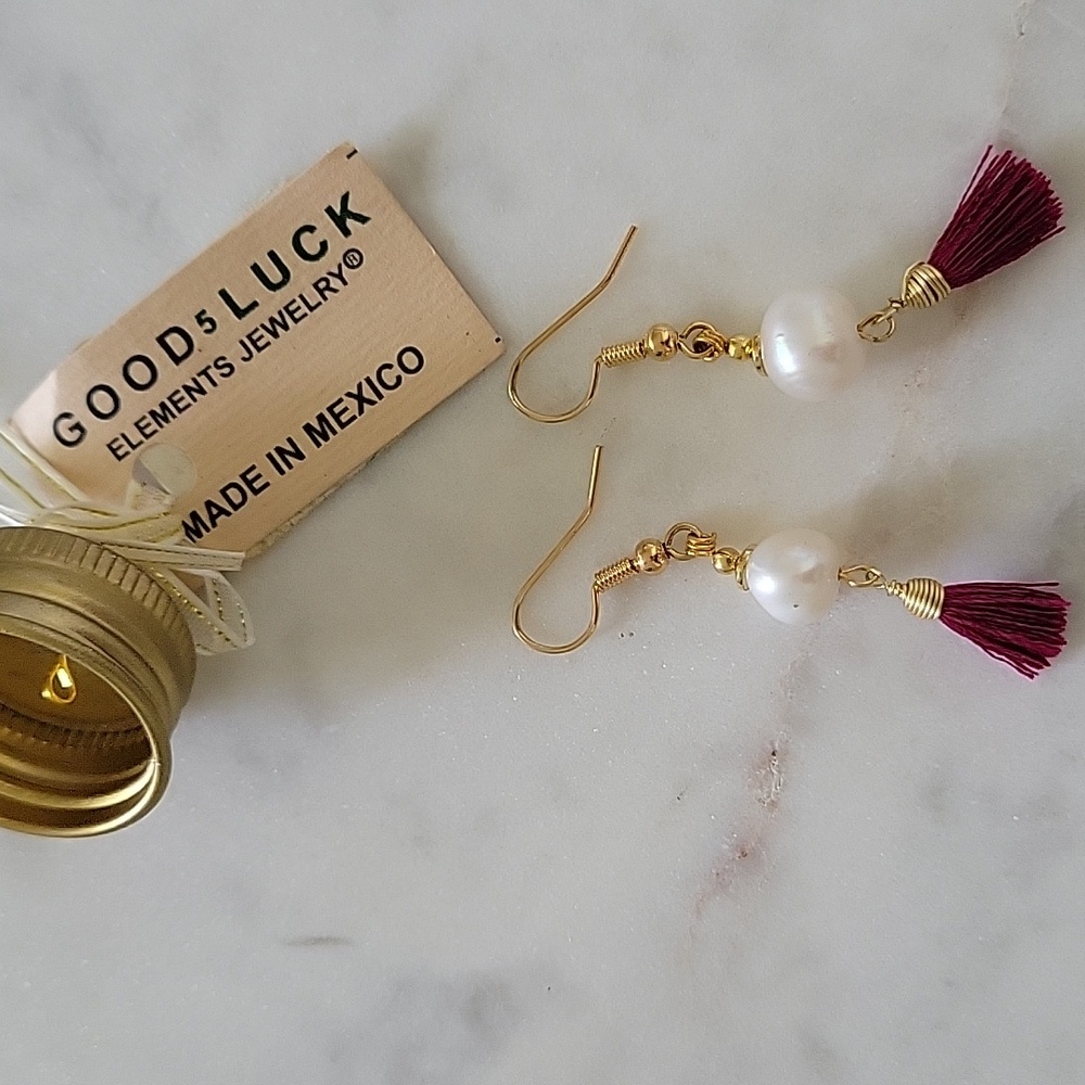 Faux Pearl Earrings With Burgundy Tassel